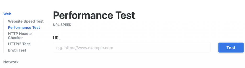 KeyCDN front page with Performance Test option selected