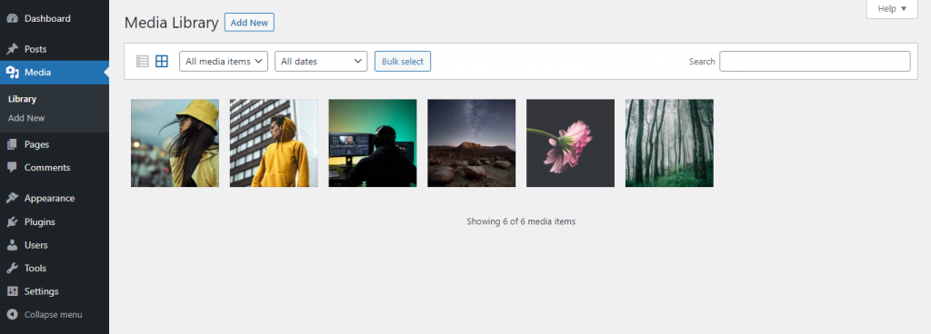 Media Library page on WordPress dashboard containing six different images