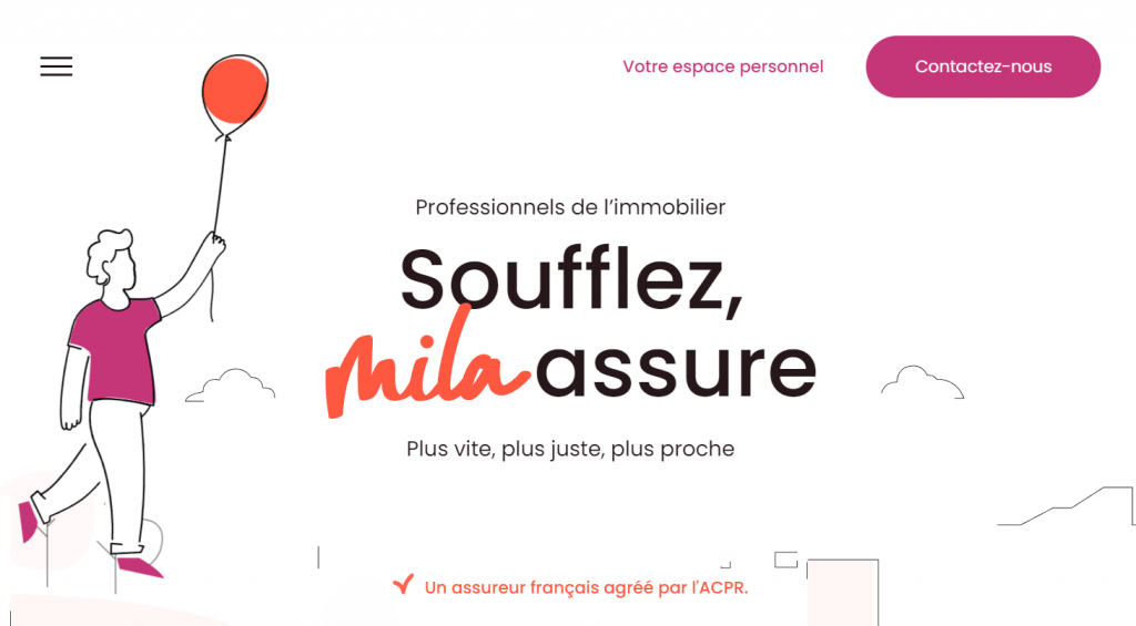 A screenshot of Mila's website with a flat white, purple, and orange color scheme