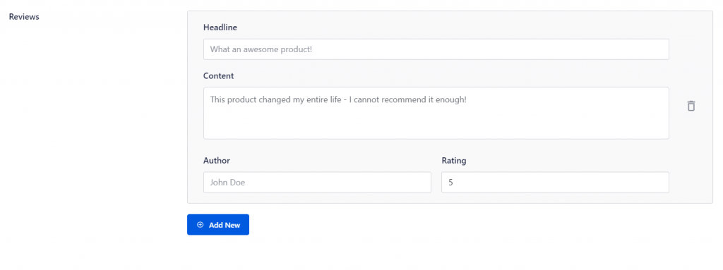 Schema settings for individual posts and pages include a field to enter customer reviews