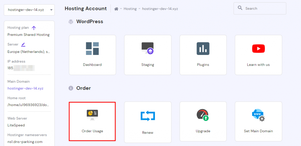 Selecting the Order Usage option via hPanel on Hostinger