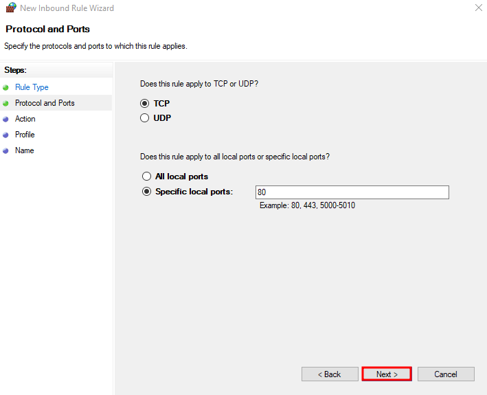 Adding the local ports that you want to allow on Windows Defender Firewall