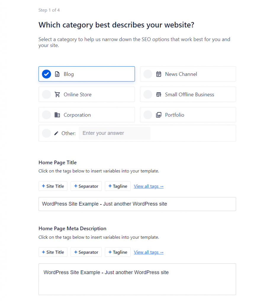 Step one of the setup wizard: Which category best describes your website?