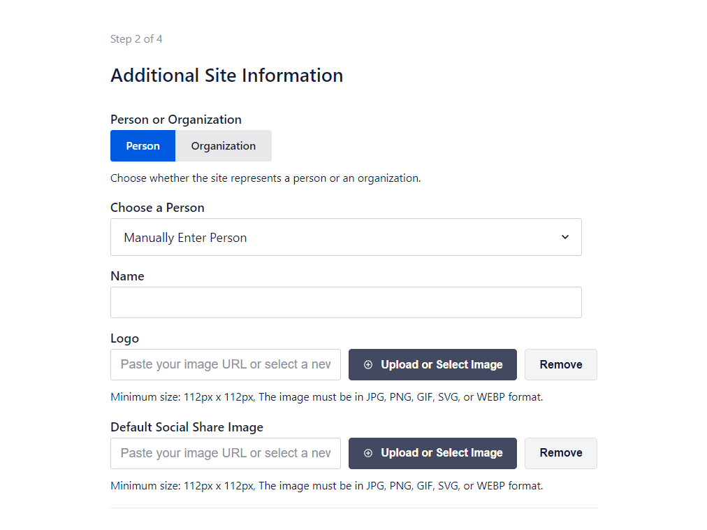 Step two of the setup wizard: Additional Site Information