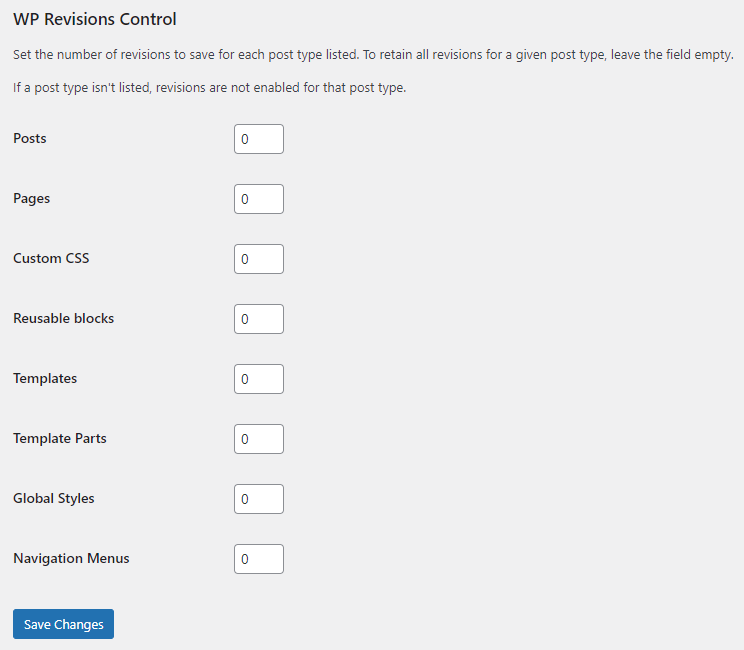 The WP Revisions Control plugin settings