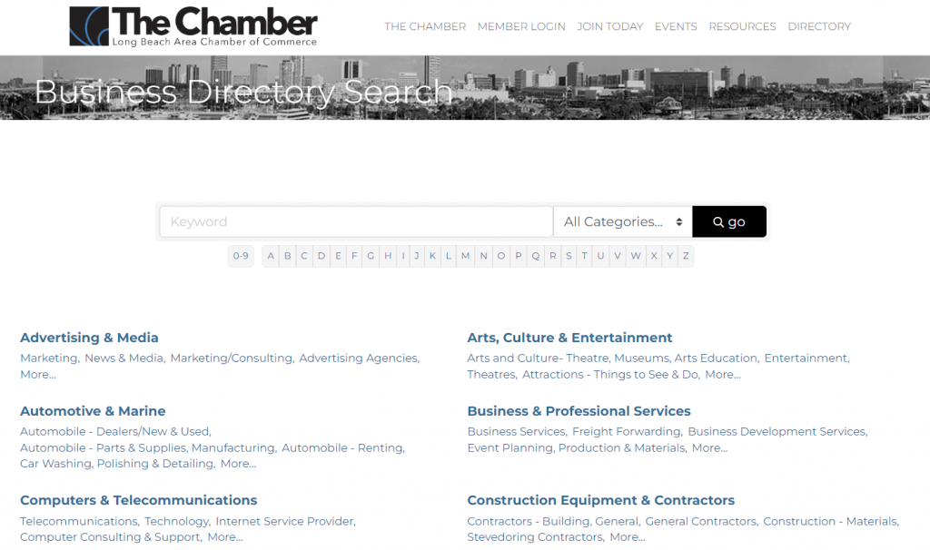 The directory page of The Chamber, showing all businesses in the Long Beach area.