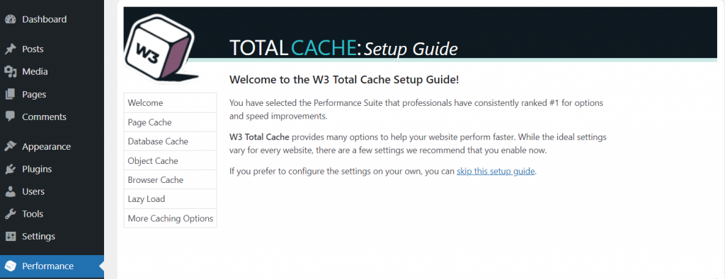 The setup guide on W3 Total Cache's WordPress dashboard