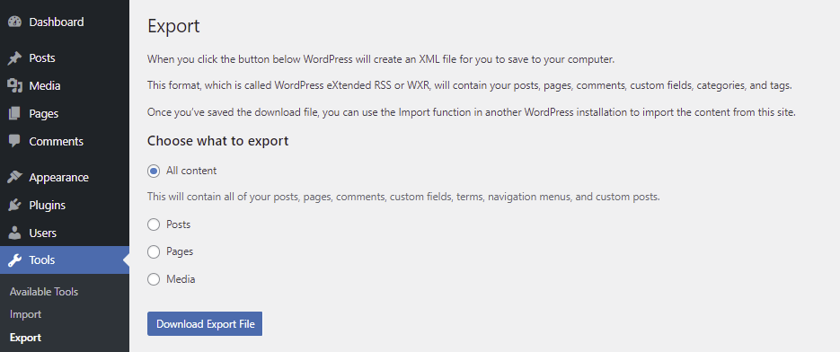 WordPress built-in export tool