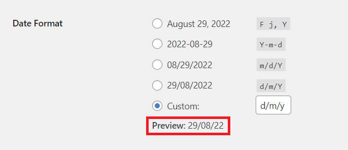 WordPress date format settings preview