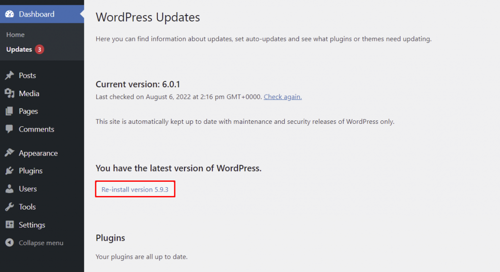 WordPress recognizing the older version as the target version for core update thanks to WP Downgrade.