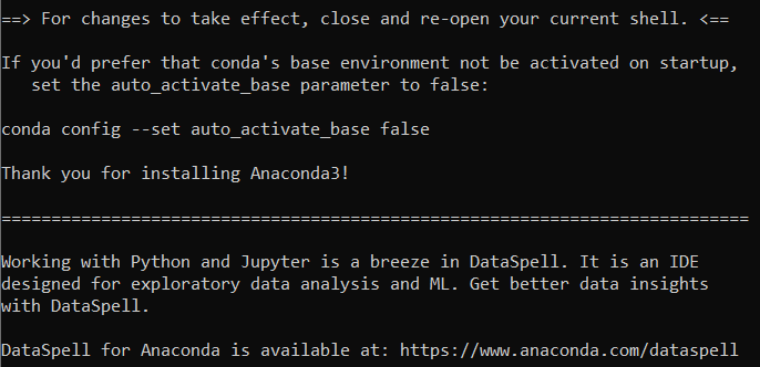 Last step of Anaconda installation shown on the command line