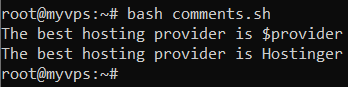 The command-line window showing single line comment functionality. It's worth noting that bash comments are not displayed with the script output.