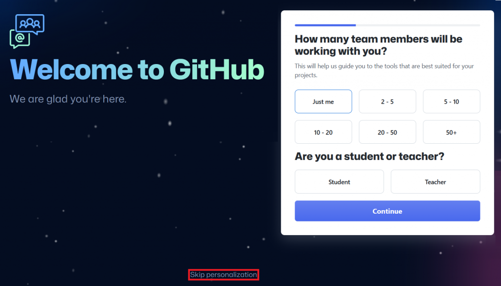 GitHub asks questions for a new account personalization