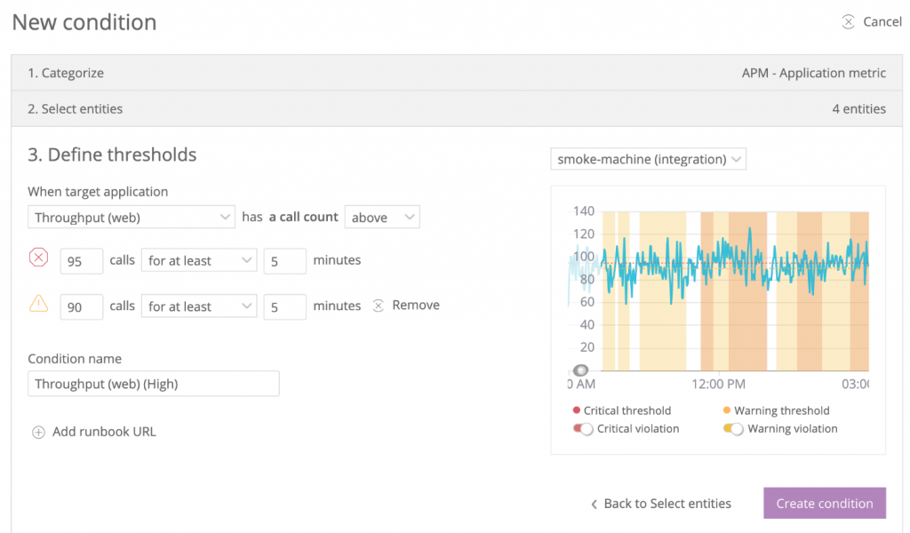 New Relic's custom alert threshold settings window
