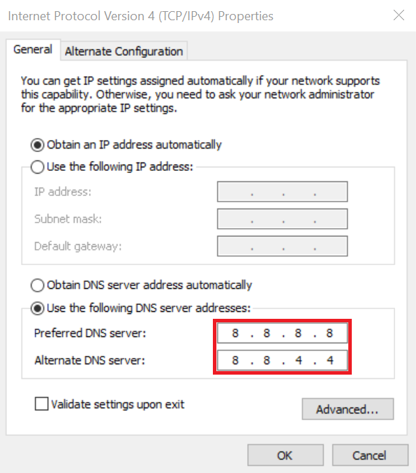 The Preferred DNS server and the Alternate DNS server settings