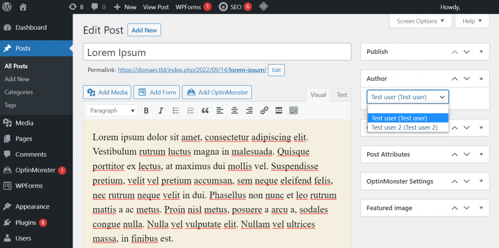 Assigning a new post author on WordPress Classic Editor

