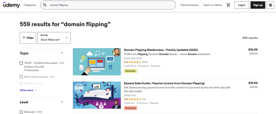 Domain flipping course on Udemy