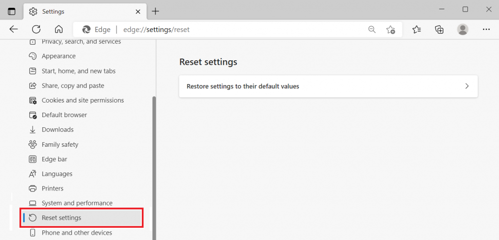 The Reset settings menu in Microsoft Edge