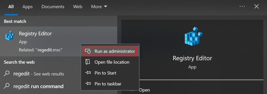 The Run as administrator option in the Windows Registry Editor's start menu