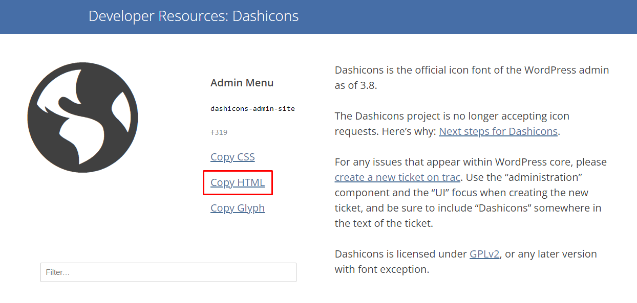 Retrieve the chosen Dashicons icon's HTML code from the official WordPress page