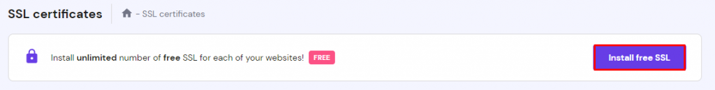 The SSL certificates menu on hPanel, highlighting the Install free SSL button
