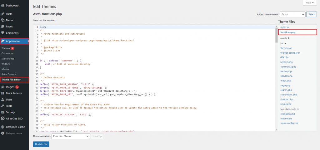 The functions.php file within the Appearance menu -> Theme File Editor