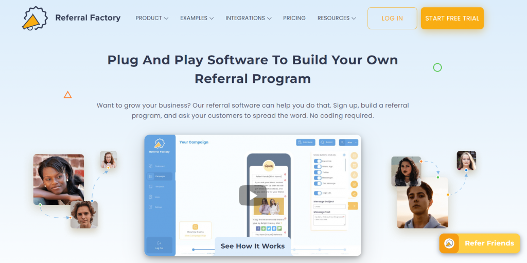 The homepage of Referral Factory,  a referral marketing platform.