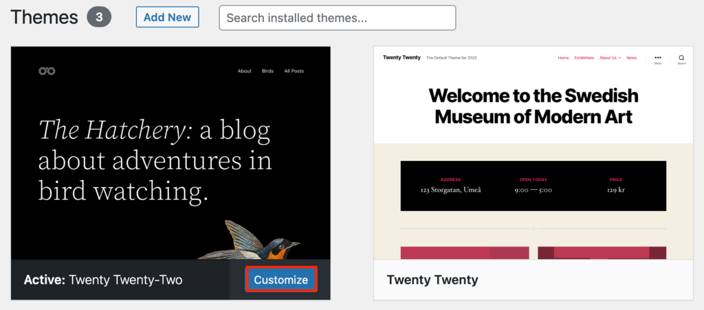 Themes menu on the WordPress dashboard, highlighting the "Customize" button next to the active theme.