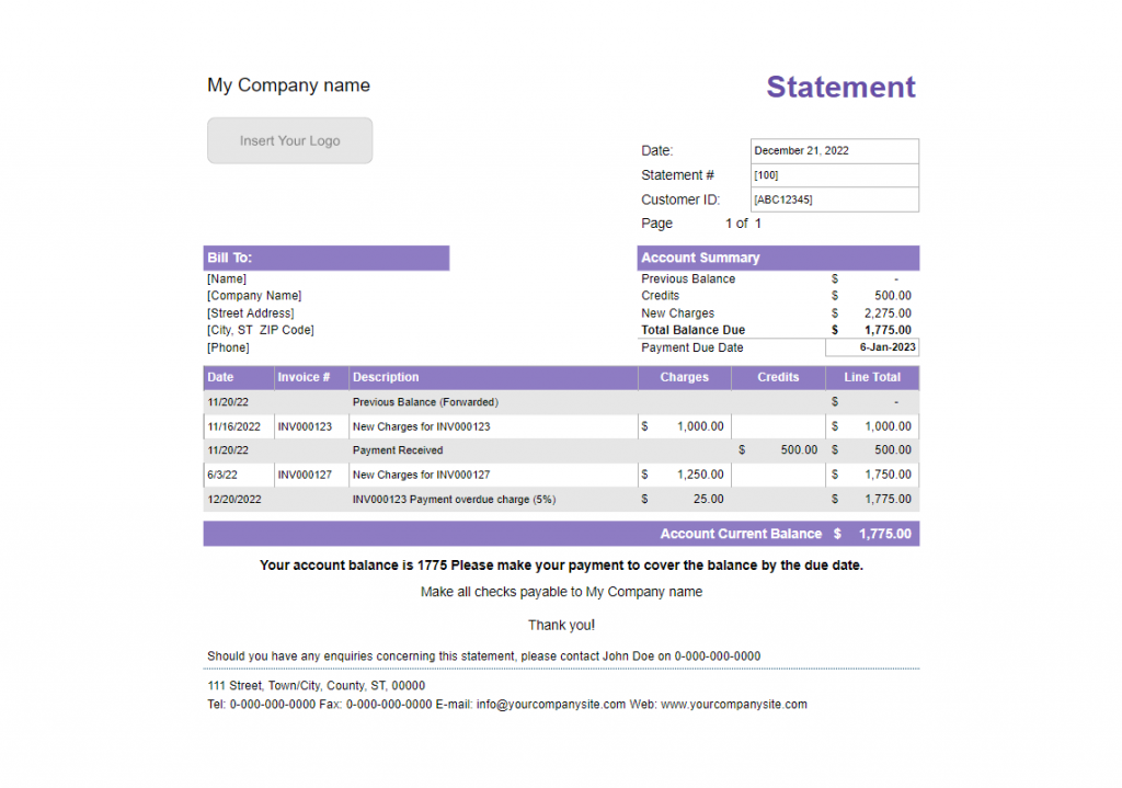Account statement example, showing the account summary, a table of listed invoices and payable amount, and account current balance