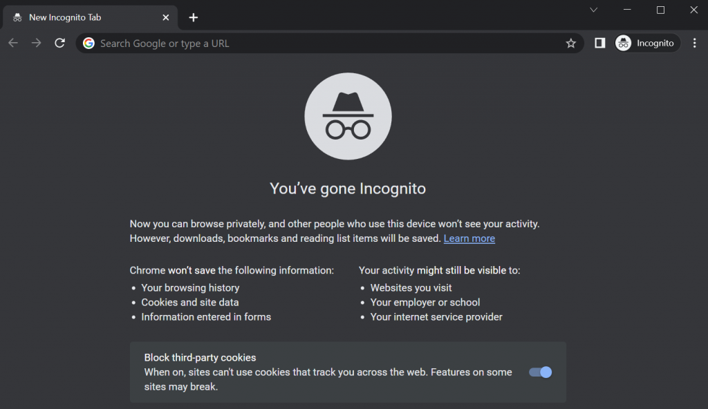 An incognito browsing session in the Google Chrome browser