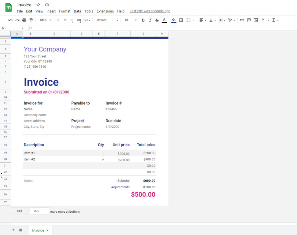 An invoice template from the Google Spreadsheet's Template Gallery