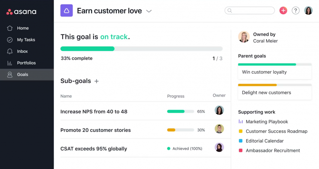 Asana's Goals feature showing a main goal's bar and sub-goals underneath it
