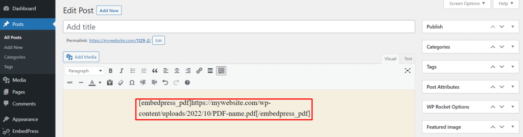 Example of an EmbedPress PDF shortcode inserted in the WordPress classic editor
