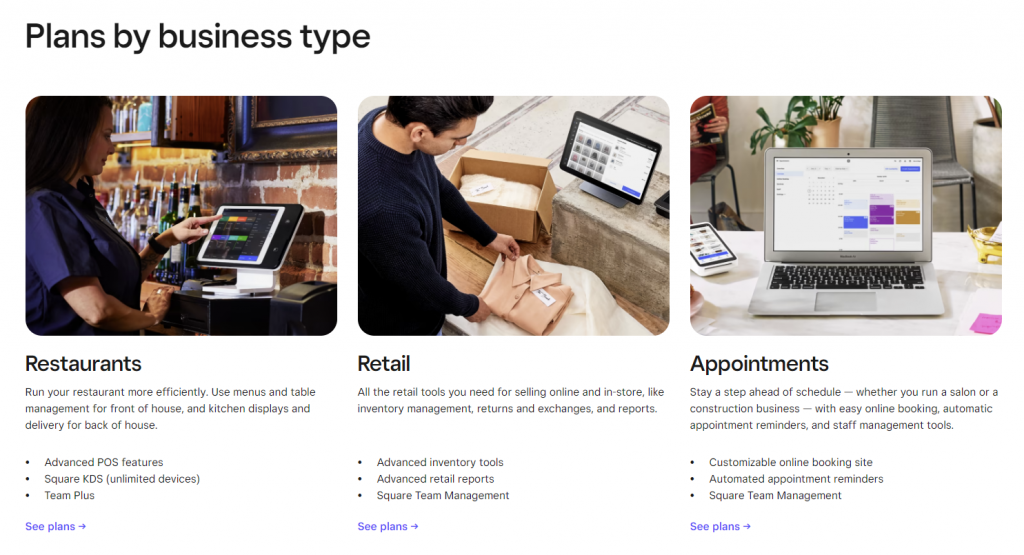 Square plans for three business types, offering tools catered to their respective industry
