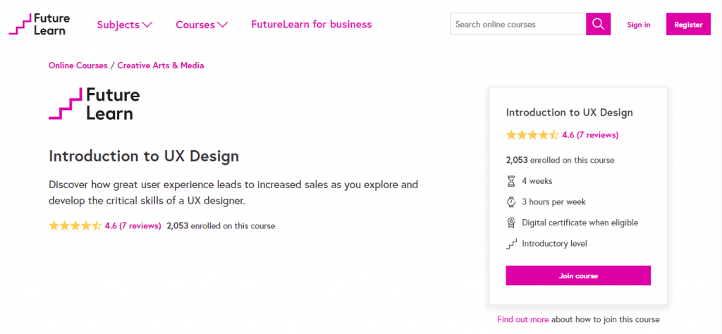 The Introduction to UX Design course page on the FutureLearn website