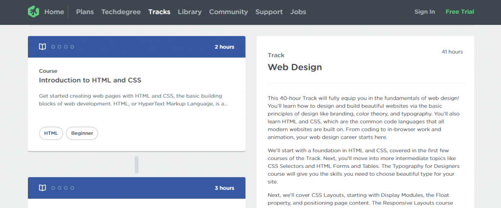 The Web Design track page on the Treehouse website