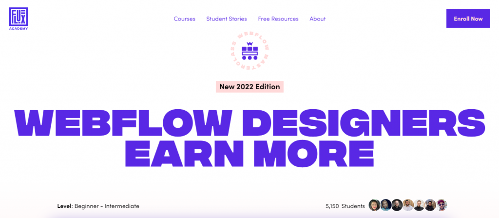 The Webflow Masterclass course page on the Flux Academy website