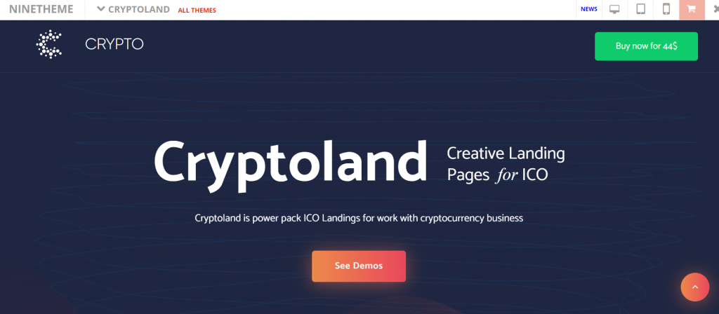 The preview page of Cryptoland, a WordPress theme
