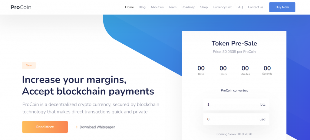 The preview page of ProCoin, a WordPress theme.