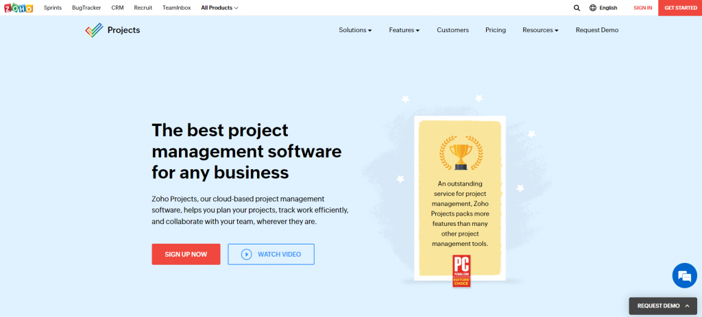 Zoho Projects' homepage