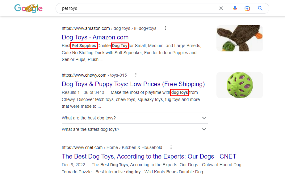 Google search results for pet toys
