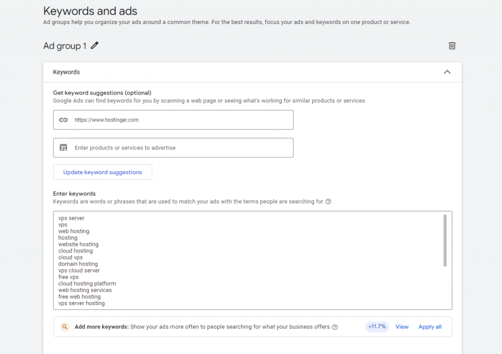 selecting keywords for your campaign in Google Ads
