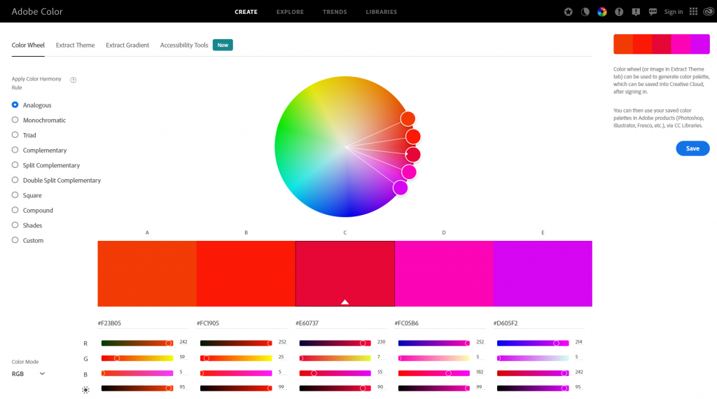 Adobe Color, a free color palette generator