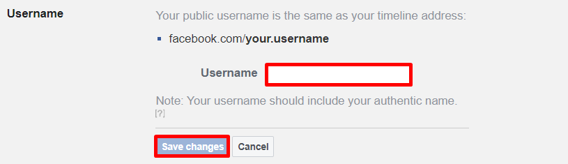 Facebook's Username subsection with the Username box and the Save changes button highlighted
