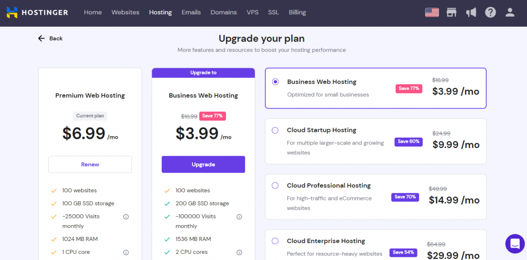 Hostinger hosting plan upgrade menu