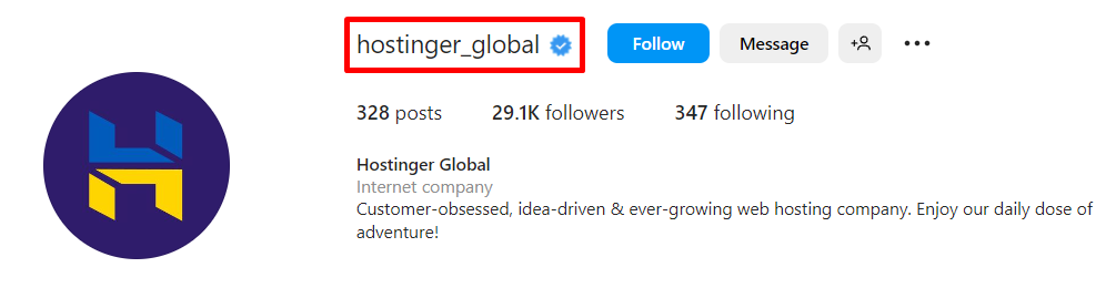 Hostinger's Instagram profile with the hostinger_global handle highlighted
