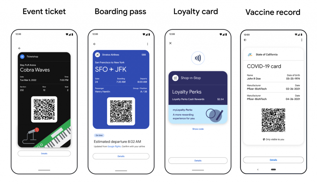 Kinds of digital cards that can be stored in Google Pay, such as an event ticket and a loyalty card
