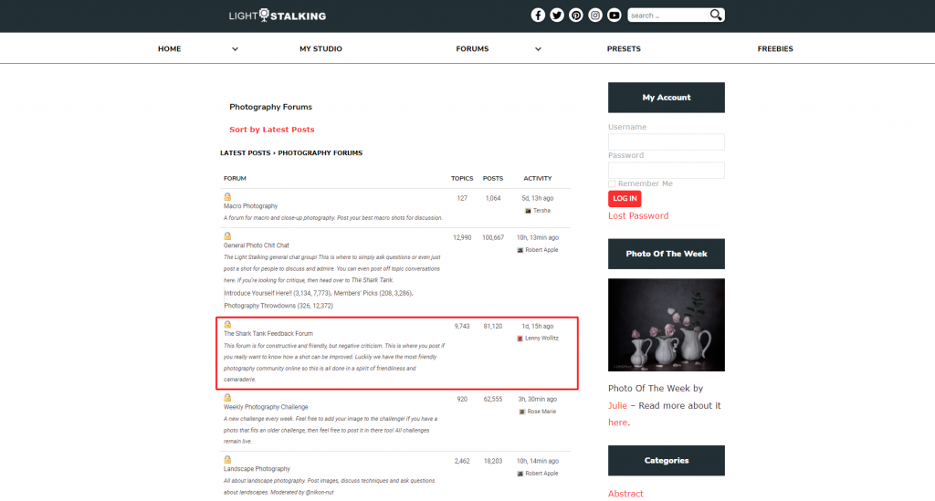 LightStalking's forum page with the The Shark Tank Feedback Forum section highlighted
