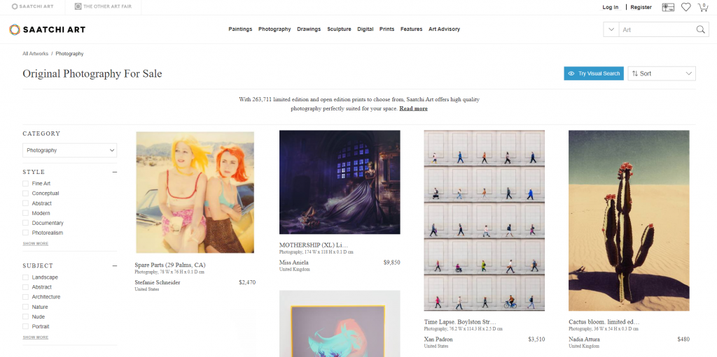 Saatchi Art's product page showing several photos available for sale