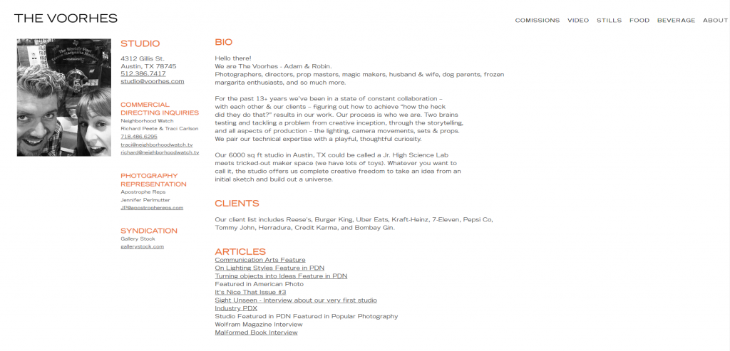 The Voorhes' About Me page showing the photographers' bios, clients, articles, and important links